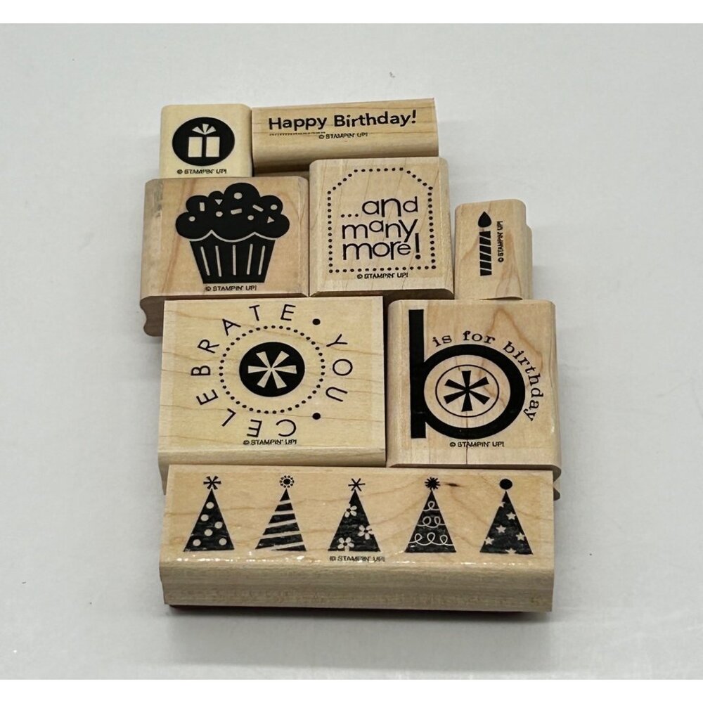 Stampin’ Up! 8pc Birthday Party Stamps Cupcakes Presents Hats Candles‎ Words
